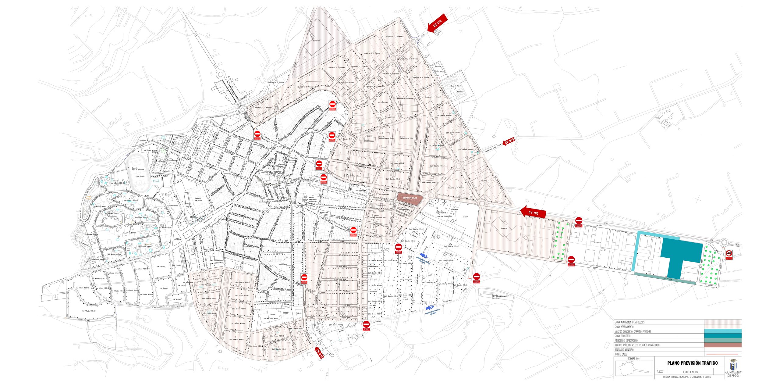 Plano de los cortes de tráfico y los accesos al recinto del concierto de despedida de La Gossa Sorda en Pego.
