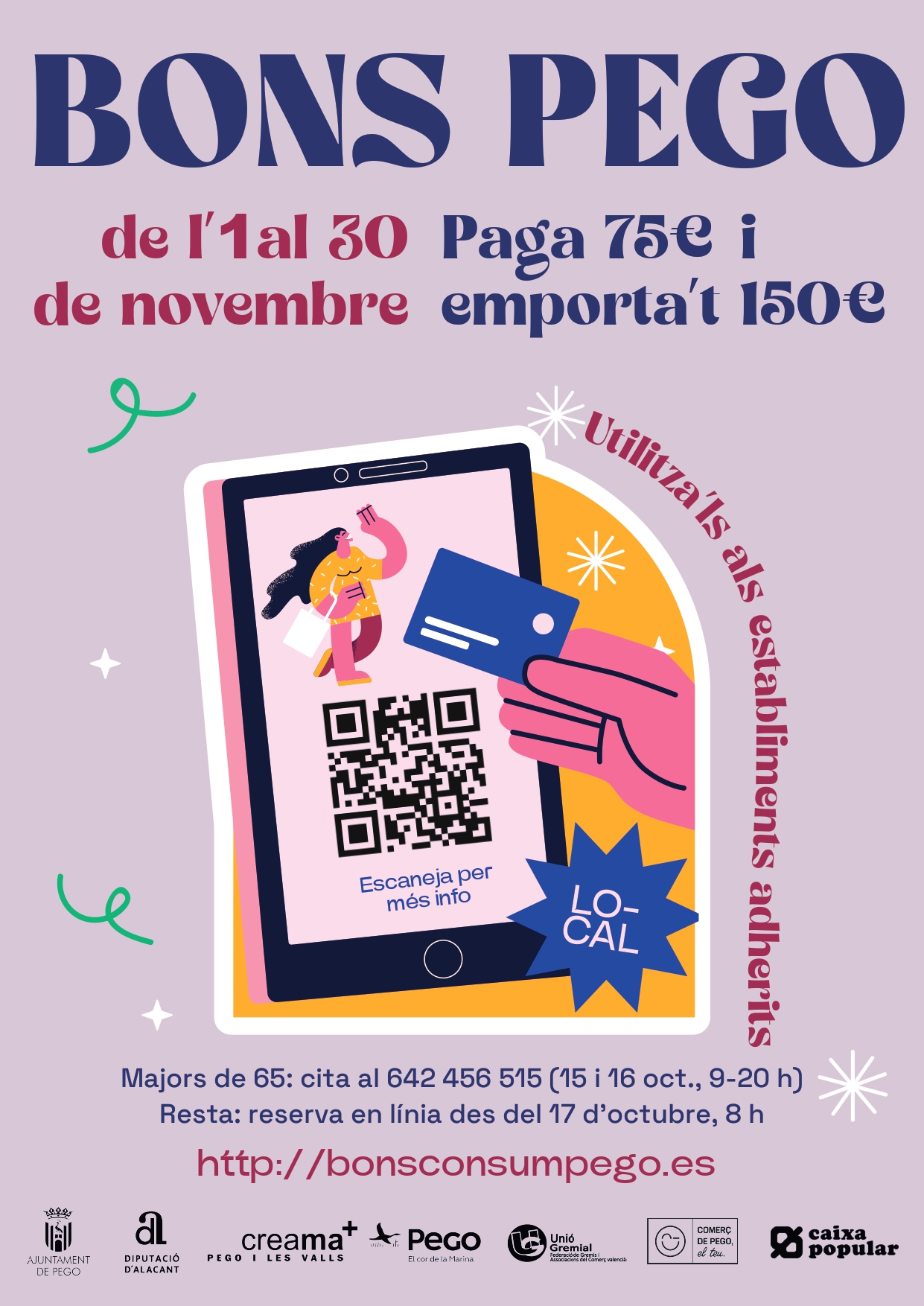 Cartell de la campanya Bo Consum de Pego, amb bons de 150 euros per una aportació de 75 euros.